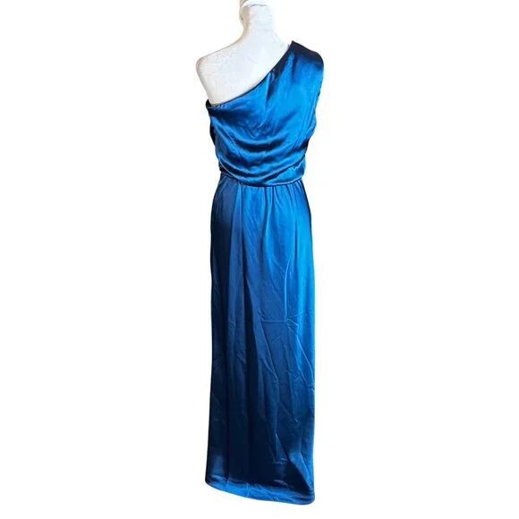 NWT XSCAPE One-Shoulder Satin Gown Ocean Blue Size 6 - Picture 12 of 16